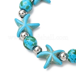 Starfish Synthetic Turquoise Beads & Brass Beads Stretch Bracelets&nbsp;BJEW-JB12417-03