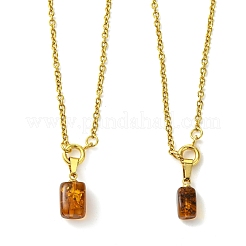Natural Amber Cuboid Pendant 304 Stainless Steel Cable Chain Necklaces with Spring Ring Clasps&nbsp;NJEW-JN06064