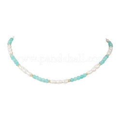 Faceted Round Natural Amazonite and Rice Natural Pearl Beaded Necklaces for Women&nbsp;NJEW-JN05816-04