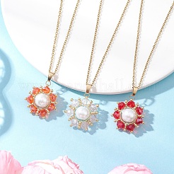 3Pcs 3 Colors Electroplated Glass & Glass Pearl Beaded Sunflower Pendant 304 Stainless Steel Cable Chain Necklaces for Women&nbsp;NJEW-MZ00134
