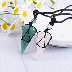 Natural Rose Quartz Cone Braided Pendant Necklace&nbsp;NJEW-SZ0001-59E