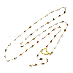 Adjustable 304 Stainless Steel & Faceted Round Mixed Gemstone Handmade Link Chain Lariat Necklaces&nbsp;NJEW-JN05213