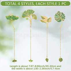 4Pcs 4 Styles Brass Leaf Pendant Bookmarks with Chain&nbsp;AJEW-CP0006-79