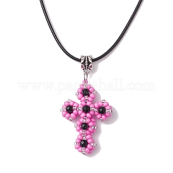 Glass Seed Beads & Synthetic Blue Goldstone Beaded Cross Pendant Necklaces&nbsp;NJEW-MZ00103-05