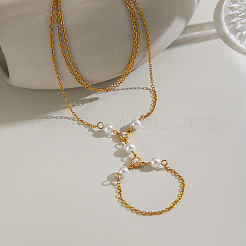 304 Stainless Steel and Imitation Pearl Multi-Strand Hand Chain Ring Bracelets with Clear Cubic Zirconia for Women&nbsp;VO2892