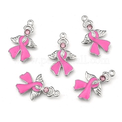 Breast Cancer Awareness Ribbon with Angel Wing Platinum Color Pearl Pink Alloy Rhinestone Enamel Pendants&nbsp;X-ENAM-D001-2