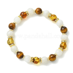 Natural Amber & Tiger Eye & Rainbow Moonstone Round Beaded Stretch Bracelets&nbsp;BJEW-JB14314-02