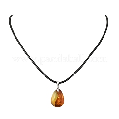 Natural Amber Teardrop Pendant Black Imitation Leather Cord Necklaces for Women&nbsp;NJEW-JN06318