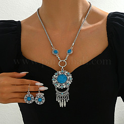 Flower Bohemian Ethnic Style Zinc Alloy & Resin Pendant Necklace & Dangle Earring Sets&nbsp;FS-WGD47C5-01