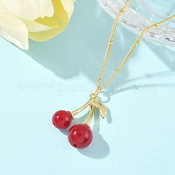 Brass Resin Fruit Cherry Pendant Satellite Chain Necklaces for Women&nbsp;NJEW-D306-02G-B