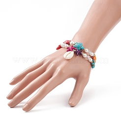 2Pcs 2 Style Starfish & Tortoise Synthetic Turquoise(Dyed) & Glass Pearl Beaded Stretch Bracelets Set&nbsp;BJEW-JB08994