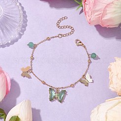 Round 6mm Natural Green Aventurine & Butterfly Glass Charm Bracelets&nbsp;X1-BJEW-TA00525