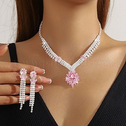Brass Rhinestone Pendant Necklaces & Tassel Stud Dangle Earrings Sets for Women&nbsp;FS-WG4AC56-01