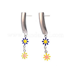 Rectangle with Flower Enamel Long Dangle Stud Earrings&nbsp;EJEW-N049-06A