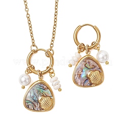 Abalone Shell Pendant Necklace & Hoop Earrings with Shell Pearl & Natural Freshwater Pearls&nbsp;SJEW-JS01379-01