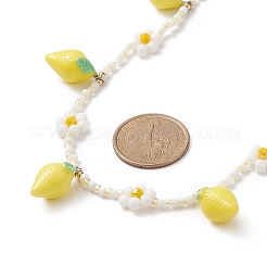 Resin Lemon Pendant Necklace with Glass Beaded Flower Chains for Women&nbsp;NJEW-TA00057