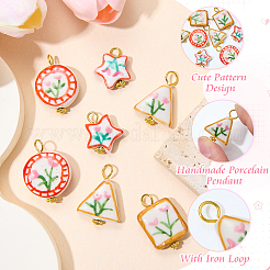8Pcs 4 Styles Flower Pattern Handmade Porcelain Pendants&nbsp;HJEW-SW00367