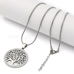 201 Stainless Steel Flat Round with Tree of Life Pendant Necklaces&nbsp;NJEW-S007-16P