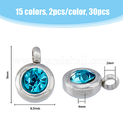 30Pcs 15 Colors Trendy Original Color 304 Stainless Steel Grade A Rhinestone Flat Round Charm Pendants&nbsp;RB-HY0001-04