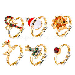 18Pcs 6 6 Style Santa Claus & Christmas Tree & Flower & Deer & Candy Cane Enamel Adjustable Rings Set&nbsp;RJEW-NB0001-03