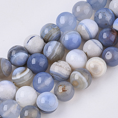 Natural Striped Agate/Banded Agate Beads Strands, Dyed, Round, Cornflower Blue, 10mm, Hole: 1mm, about 38~39pcs/Strand, 15.16 inch(38.5 cm)