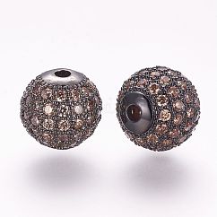 Brass Micro Pave Cubic Zirconia Beads, Round, Gunmetal, 10mm, Hole: 2mm