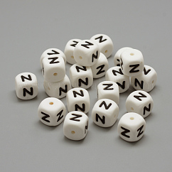 Food Grade Eco-Friendly Silicone Beads, Letter Style, Cube, White, 12x12x12mm, Hole: 2mm