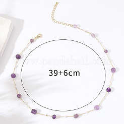 Natural Amethyst Nuggets & Brass Handmade Link Chain Necklaces for Women&nbsp;BQ6884