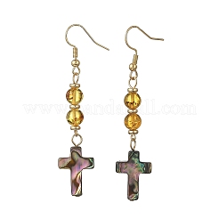 Natural Amber & Abalone Shell/Paua Shell Beads Dangle Earrings&nbsp;EJEW-JE07315-03
