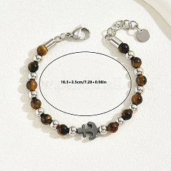 Stainless Steel & Natural Tiger Eye Round Beaded Bracelets&nbsp;XY1964