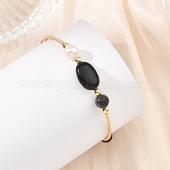 Round & Oval Natural Black Tourmaline & Larvikite & Lava Rock & Cultured Freshwater Pearl & Non-magnetic Synthetic Hematite Beaded Bangles&nbsp;BJEW-JB14079
