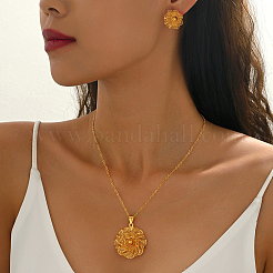 Vintage Brass Flower Stud Earrings & Pendant Necklaces Sets for Women&nbsp;LO1631