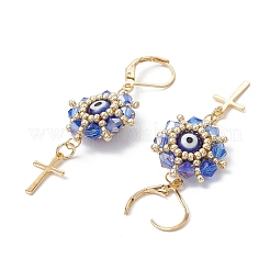 Evil Eye with Cross 304 Stainless Steel Glass Seed Beads Leverback Earrings&nbsp;EJEW-MZ00420-02