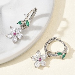Flower Brass Micro Pave Cubic Zirconia Hoop Dangle Earrings for Women&nbsp;EJEW-A167-13P-01