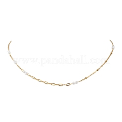 304 Stainless Steel with White Round Shell Pearl Handmade Link Chain Necklaces&nbsp;NJEW-JN05990