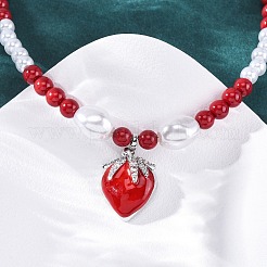 Strawberry Brass Micro Pave Clear Cubic Zirconia Red Enamel Pendant Necklaces for Women&nbsp;NJEW-G162-04P