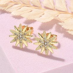 Star Brass Micro Pave Clear Cubic Zirconia Stud Earrings&nbsp;EJEW-D305-14G