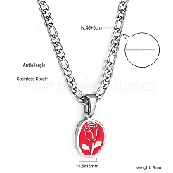 304 Stainless Steel Enamel Red Oval with Rose Flower Pendant Necklaces for Women&nbsp;WG6ED6B-01