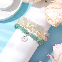 3Pcs 3 Styles Natural White Moonstone & Citrine & Green Aventurine Chips Stretch Bracelets Sets&nbsp;BJEW-JB11076-04