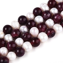 Dyed Natural Garnet Round & Natural Cultured Freshwater Pearl Grooved Potato Beads Strands&nbsp;PEAR-N019-12