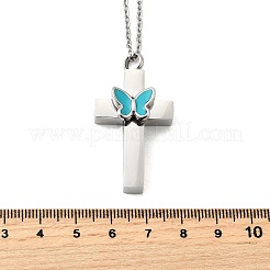 304 Stainless Steel Enamel Butterfly Cross Pendant Urn Ashes Necklaces&nbsp;NJEW-K393-03P