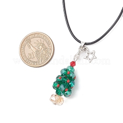 Electroplate Glass Beaded Dark Cyan Christmas Tree & Alloy Star Pendant Black Waxed Cotton Cord Necklaces&nbsp;NJEW-MZ00123-02