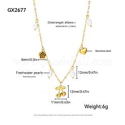 304 Stainless Steel & Imitation Pearl Cherry Heart Flower Pendant Bib Necklaces for Women&nbsp;FS-WG0B26B-01