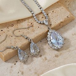 Brass Rhinestone Teardrop Dangle Earrings & Pendant Necklaces Sets for Women&nbsp;AT5117-1