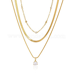 304 Stainless Steel Pave Clear Cubic Zirconia Teardrop Pendant 3 Layer Necklaces for Women&nbsp;WGFD083-01