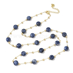 Natural Sodalite Faceted Flat Round Beaded Chain Necklaces with Matte Brass Beads&nbsp;GG-CBA37F5-01G-07