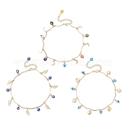3Pcs 3 Styles Handmade Evil Eye Lampwork & Stainless Steel Moon Heart Leaf Tassel 304 Stainless Steel Curved Bar Link Chain Anklets for Women&nbsp;AJEW-AN00742