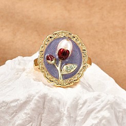 Flower Pattern Brass Enamel & Natural Freshwater Pearl Open Cuff Rings for Women&nbsp;RJEW-G342-01G-02