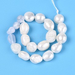 Natural Blue Lace Agate Nuggets & Natural Cultured Freshwater Pearl Beads Strands&nbsp;PEAR-N023-01A-04