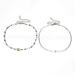 Bohemian Ethnic Style Natural Shell & Glass Seed Beaded Double Layer Choker Necklaces&nbsp;FS-WG063D6-01